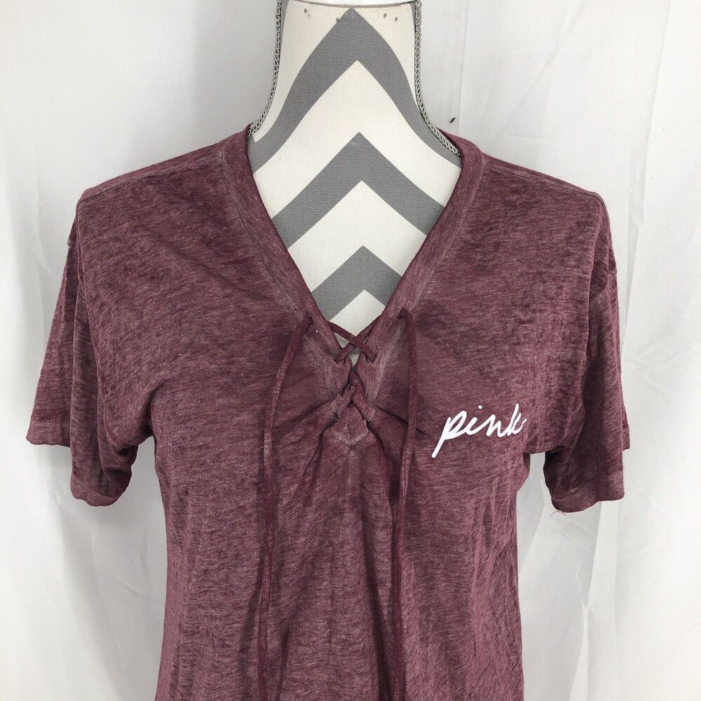 Victoria Secret PINK Maroon Short Sleeve Lace Up Neck Lightweight Shirt XS